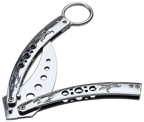 Ran's L Entrenador de Mariposas, Cuchillo Balisong Acero Inoxidable Curvo, sin Cerradura, Cierre Magnético (Plata Pulida Completa) CS/HDD34