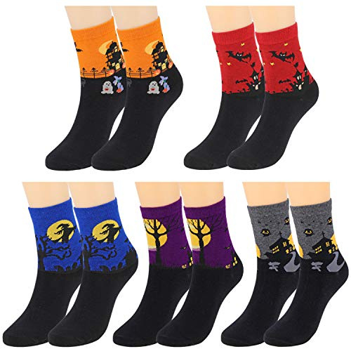 5 Paires Nouveauté Halloween Chaussettes pour Femme Homme Fille Garçon, Drôle Modèle Coton Chaussettes Cadeau pour Halloween Fantaisie Déguisés Accessoires, Sorcière Fantôme Citrouille Chauve Souris