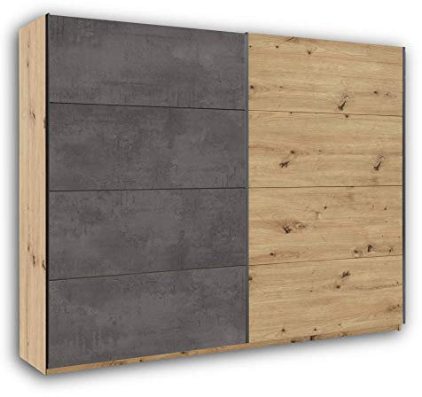 Stella Trading MOON Eleganter Kleiderschrank mit viel Stauraum - Vielseitiger Schwebetürenschrank in Artisan Eiche Optik, betonoxid - 270 x 210 x 60 cm (B/H/T)