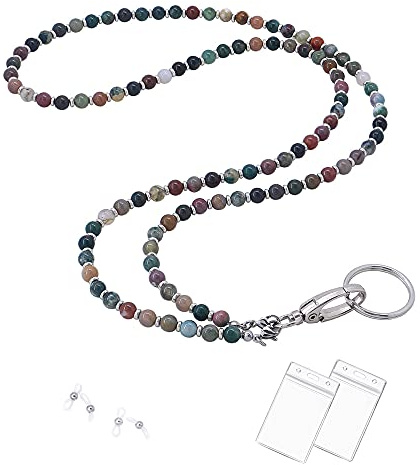 C&L Accessories Lanyard for ID Badges Holder, Beaded Cute Lanyard for Keys Neck Lanyards for Glasses Chain Strap for Women (Indian Agate)