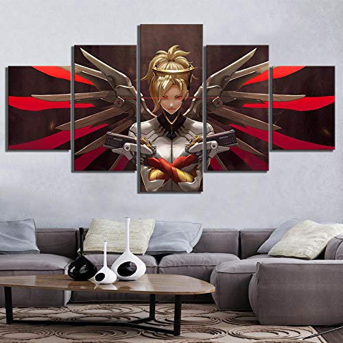 Leinwanddrucke 5 Stück Kunstdruck Wandbild 150×80Cm Angela Ziegler Mercy Overwatch Mehrteilig Aufhängen Bilder Für Wohnzimmer Wohnkultur,Hd Gedruckt Rahmen Segeltuch Malerei