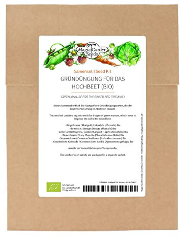 Abono verde para las camas de cultivo elevadas (Orgánico)- Set de de semillas con 6 flores y hierbas para el cuarto año en cultivo mixto