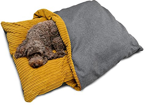 rucomfy Fibre-Filled Large Burrower Calming Dog Bed with Comfort Blanket - Machine Washable Jumbo Cord Pet Bed with Water Resistant Base - 125 x 94 x 20cm (Mustard)