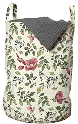 ABAKUHAUS Botanisch Wäschesack, Mit Blumen und Blatt Bloom, Wäschekorb mit Griffen Kordelzugverschluss für Waschsalons, 33 cm breit x 49 cm hoch, Getrocknete Rosen-Pfau-Grün