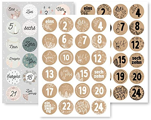 Adventskalender Aufkleber Set (Zahlen 1-24) - 3 x 24 Sticker für Kalender zum selber basteln für Weihnachten - Adventskalenderzahlen Etiketten selbstklebend - Zahlenaufkleber - Nummern Papiertüten