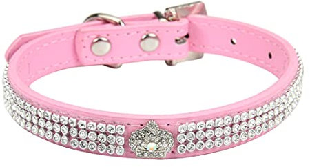 Yiwong Strass Halskette mit Katzenkrone, Haustierhalsband aus Strassleder, Lederhalsband geeignet für Katzen und Welpen