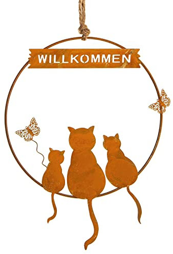 Logbuch-Verlag Türkranz WILLKOMMEN aus Metall Rost Patina mit Katzen Motiv 19 x 25 cm rostfarbener Kranz Türschild Katzenfamilie