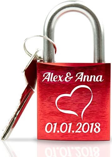 Liebesschloss mit Gravur - Valentinstagsgeschenk für Sie - Valentinstagstag Geschenk - Liebesschloss mit Gravur und Schlüssel - rot Motiv Herz schräg
