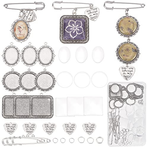 SUNNYCLUE 1 boîte 65 pièces Breloques de Bouquet de Mariage Breloque Photo Commémorative Ovale Rond Carré Broche Broches Cabochons en Verre Breloque Coeur en Argent pour la Fabrication de Bijoux Brelo