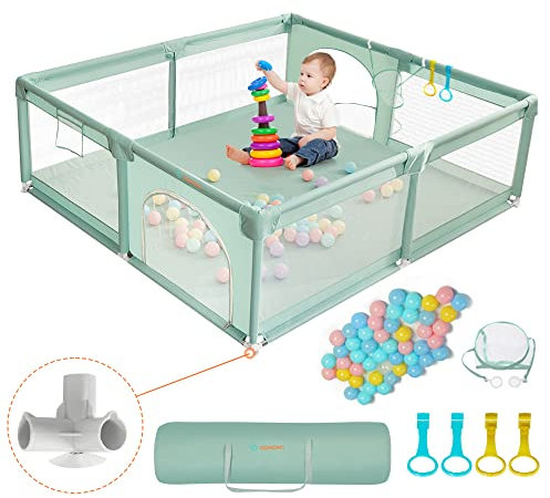 COMOMY Laufstall Baby, 150x180x66cm Laufgitter Baby Große xxl Sicherheitsspielplatz Schutzgitter für Kinder mit Weichem Netz, Rutschfestem Oxford Bottom, Bällen, Mini-Körbchen und 4 Zugringen