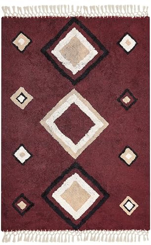 Teppich Baumwolle geometrisches Muster rot 140 x 200 cm mit Quasten Boho Siirt