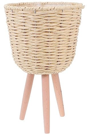 Happyyami Raised Standing Plant Pot Footed Planter Seagrass Planter Basket Flower Pot Woven Trash Can Garbage Container Bin Waste Basket with 3 Leg for Home Beige
