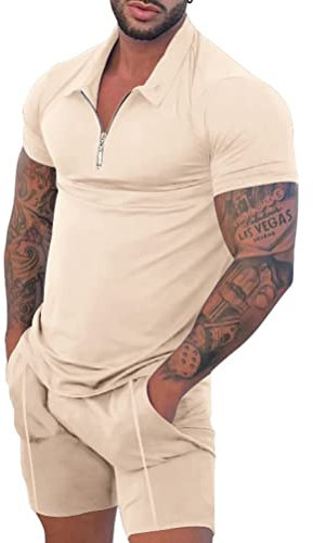 ORANDESIGNE Completo Elegante Sportivo Uomo Estate Set Tuta Jogging da Lavoro Due Pezzi Pantaloncini E Maglietta Sport Completino Palestra Fitness Abbigliamento Casual Outfit Suit Cachi Chiaro XS