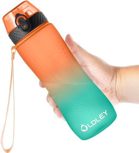 OLDLEY 750ml/25oz Water Bottles with Straw Leakproof Kids Water Bottles for School Plastic Tritan Drink Bottles Sports Bottles BPA Free Time Markings Gym Bottles for Women Men(Orange Green, 1 Lid)