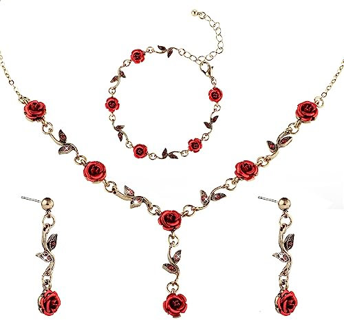 DIVINA VITAE 3 Pezzi Gioielli con Rose Collana con Ciondolo Set Rosa Bracciale e Orecchini, Donna Gioielli Matrimonio Ballo Fine Anno Collana Gioielli Rossi Festa di Compleanno Collana