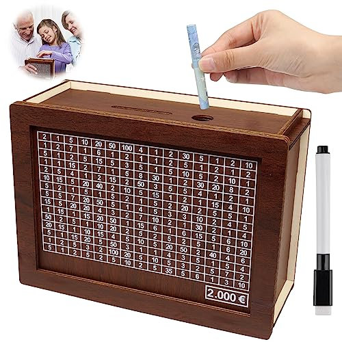 Spardose aus Holz, Sparbox, Sparschwein, Holz Geldbank für Kinder, Wiederverwendbare Spardose mit Sparziel und Zahlen, Sparbüchse Aufbewahrungsbox für Hilft Kindern Die Gewohnheit Zum Sparen (2000€)