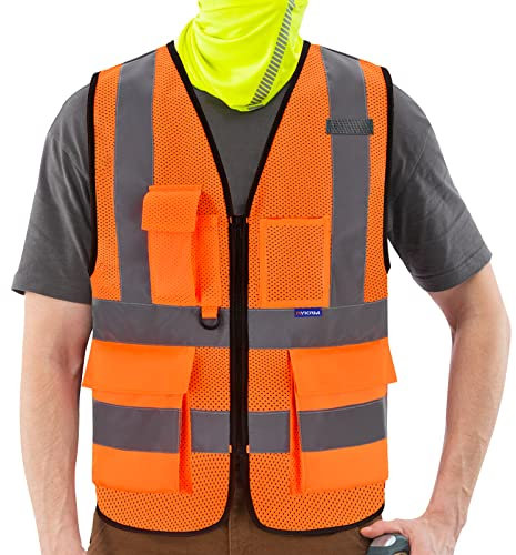 AYKRM Gilet haute visibilité orange grande taille 4xl 5xl été Devant avec des Bandes réfléchissantes Unisexe Gilet de sécurité ventilé avec poche
