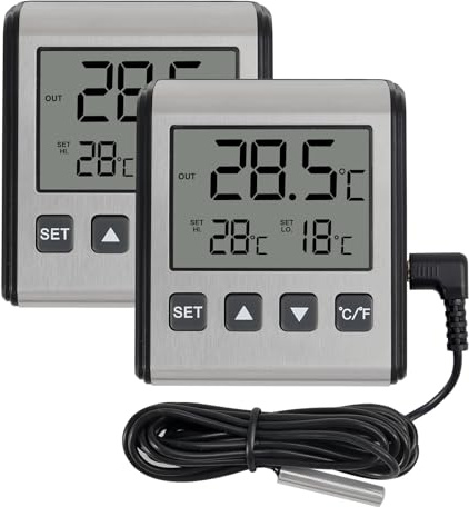 DWEII Lot de 2 thermomètres pour réfrigérateur, congélateur, moniteur de température avec sonde externe, écran LCD numérique, alarme haute et basse température, capteur supplémentaire avec panneau en