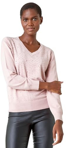 Roman Originals V-Neck Jumper for Women UK Ladies Boyfriend Fit Slouch Sweater Winter Autumn Textured Casual Flattering Knit Pullover Knitwear Daywear Lightweight Lounge - Pink Sparkle - Size 16