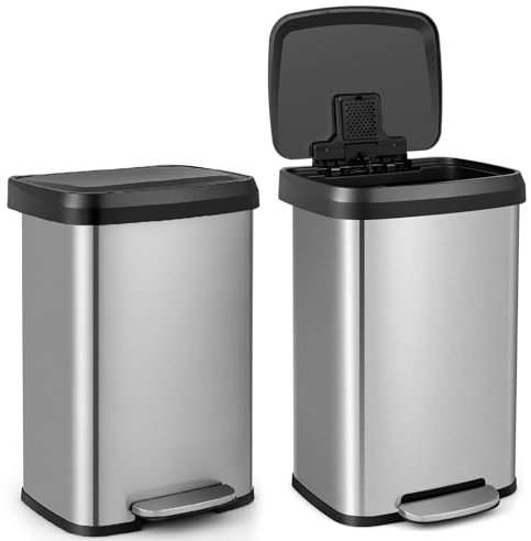 GIANTEX Poubelle Cuisine 50 Litres avec Couvercle, Poubelle à Pédale avec Compartiment Désodorisant, Poubelle Rectangulaire en Acier Inoxydable, pour Bureau, Cuisine, Salon, Salle de Bain (Argenté)