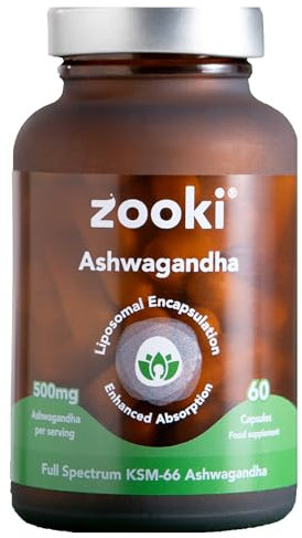 Zooki High Strength Liposomal Ashwagandha Capsules 500mg KSM-66 | 4X Higher Absorption | Support Stress, Sleep, Brain Health (60 Capsules, 1 Month Supply)