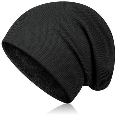 Kiiwah Schwarz Slouch Beanie Mütze Winter für Herren Und Damen, Warme Wintermütze mit Fleece Innenfutter, Unisex Plaid Baumwollmütze Elastisch, Leicht und Weich