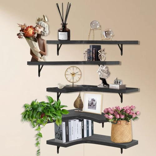 MaxAwe Ecke Wandregal 5er Set, Schweberegal aus Massivholz 43x33x8cm, Holzregal Hängend schwarz für Küche/Badezimmer/Schlafzimmer/Wohnzimmer, Origalen HolzmasserungWandregale Regalbrett Regale