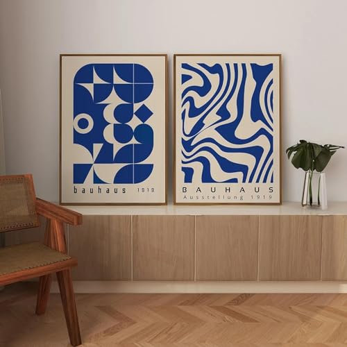 KemneT Toile tableau géométrique abstraite Bauhaus avec ligne bleue, peinture murale moderne du milieu du siècle, affiches vintage, Decoration d'intérieur, 50 x 70 cm, 2 sans cadre