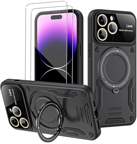 GoodcAcy Funda para iPhone 12 Pro MAX Armor Carcasa Cubierta de cámara Deslizante Proteger con 2 Pack Cristal Templado Protector, con 360 Anillo Soporte PC y Silicona TPU Case, Negro