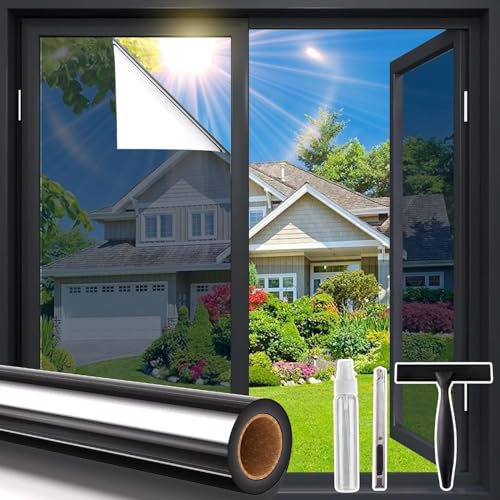 Windimiley Fensterfolie Sonnenschutz Spiegelfolie Fenster Sichtschutz, Blickdicht von Aussen Sonnenschutzfolie 60x1000cm, Selbsthaftend UV-Schutz Hitzeschutz Wärmeschutzfolie für Büro Schwarz-Silber