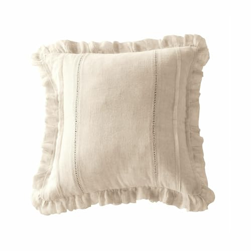 LOBERON Kissenhülle Luritte, Elegante Lochstickerei, Bindebänder auf der Rückseite, romantische Note, Rüschensaum, Kissenbezug, Wohntextilien, Leinen, Creme