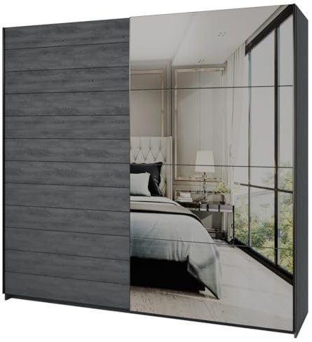 Meublorama Armario de 2 Puertas correderas de 220cm Color Gris Efecto Madera con Espejo. Colección Floyd