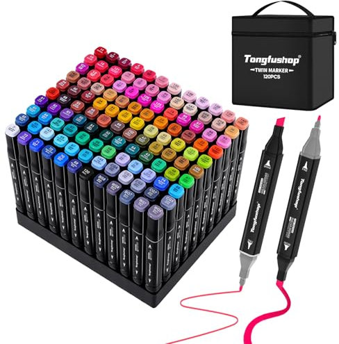 Tongfushop 120+2 Couleurs Feutre a Alcool, Feutres Coloriage Adulte, Marqueurs à Croquis Double Pointe avec Pochette de Transport et Espaceur, Marqueur Permanent pour Animation Art Esquisse