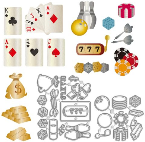 WADORN 2 Stück Poker Würfel Dart Kohlenstoffstahl Stanzschablonen, Bowling Geldtaschen Muster Metall Stanzschablonen Für DIY-Scrapbooking Fotoalbum Dekor Prägevorlage