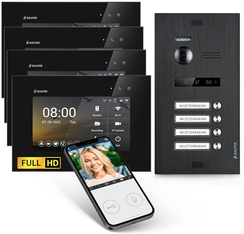 Balter EVO-HD Video Türsprechanlage, Video Türklingel mit Kamera, 4 familienhaus Klingel, Smartphone App, 7 Zoll HD Monitor, Full HD-Kamera, 2 Draht Bus, Gegensprechanlage mit 175° Weitwinkel
