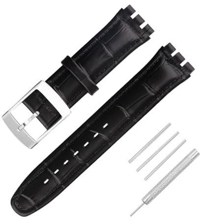 JETHENG Lederarmband für Herren, kompatibel mit 17 mm und 19 mm, Swatch für Damen, Outdoor, Arbeit, wasserdicht, Uhrenarmband, Schnalle (19 mm, Schwarz)