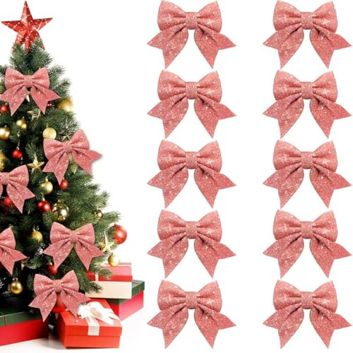 Shyllin 10 Pezzi Glitterati Fiocco di Natale, Fiocco Albero di Natale, Fiocchi Natalizi Decorazione, Appendere Fiocchi di Nastro Natale, Glitterati Arco dell'albero di Natale, Appendere Fiocco Regalo