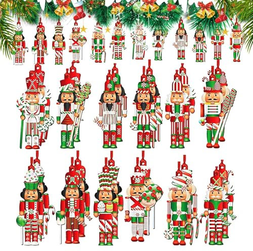 Ornements Casse-Noisette pour Sapin de Noël - Décorations d'Arbre de Noël Casse-Noisette | Casse-Noisette d’ornement en bois de Noël | 24x Casse-Noisette Roi et Soldat | Décor casse-noisette pour arbr