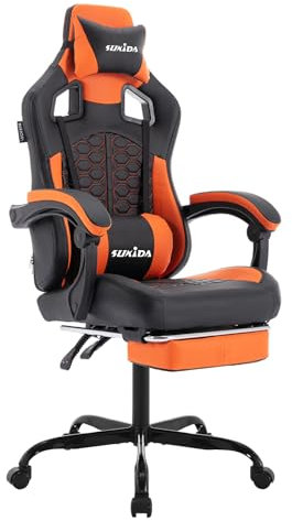 SUKIDA Ergonomischer Gaming-Stuhl mit Fußstütze, Racing Gaming Chair Kopfstütze, Gaming Stuhl Verstellbarer, Computerstuhl Höhenverstellbar Lendenwirbelstütze für Homeoffice und Gaming Orange
