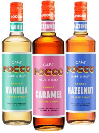 CAFE POCCO Premium Italian Syrup collection for Coffee and Cocktails. Vegan-Friendly, Allergen-Free, 100% Natural Flavours and Colourings. 3 x 75cl glass bottles - caramel, vanilla and hazelnut.