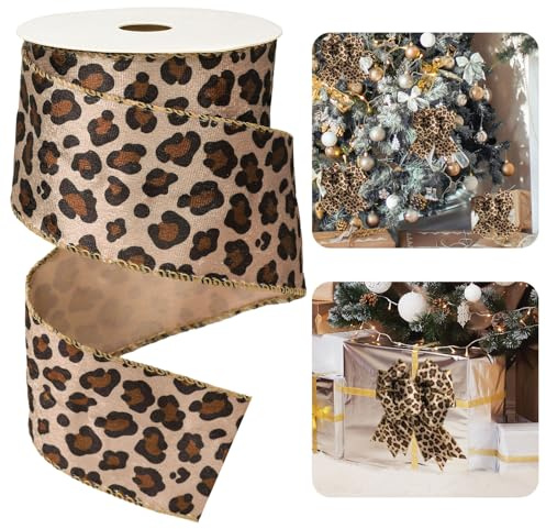 JarThenaAMCS Samtband mit Drahtrand, Leopardenmuster, 6,3 cm, Gepardenbraun, Bastelband, Tierdruck, Stoffband für Schleife, Kranz, Party, Heimdekoration, 9,1 m