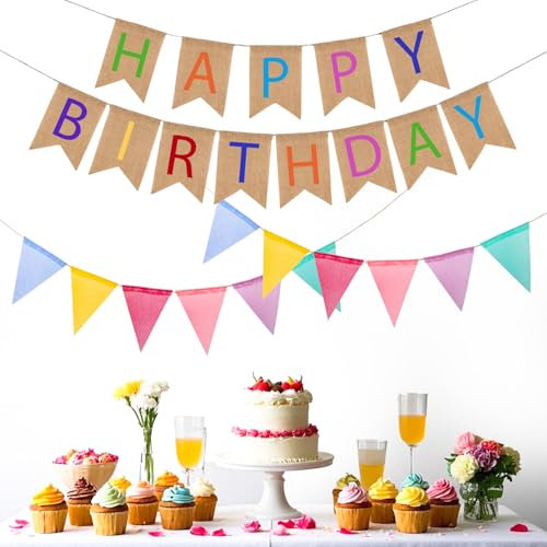 Dncvb Happy Birthday Girlande Sackleinen 4 Stück Girlande Geburtstag Leinen Geburtstagsgirlande Geburtstag Wimpelkette Geburtstagsdeko Bunt mit Dreieckiger Girlande für Erwachsene, Kinder, Mädchen