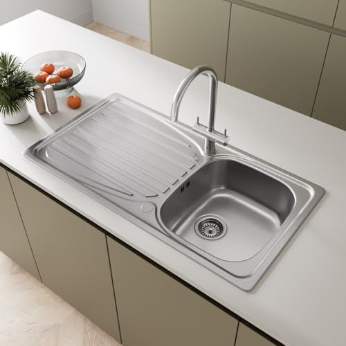 SÄUBER® 950 x 500mm Stainless Steel Kitchen Sink Single One 1.0 Bowl Inset Drop in Installation, Left Hand Drainer, 18/10 Grade Steel Sinks, Free Basket Strainer Waste