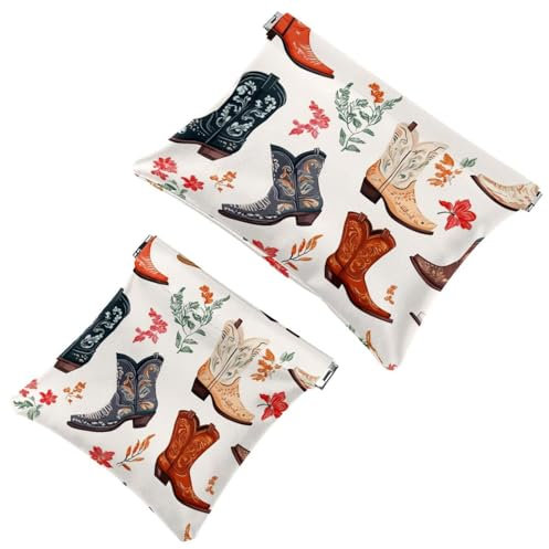 Pocket Cosmetic Bag Squeeze Top, Wild West Various Cowboy Boots Pattern Waterproof Travel Makeup Bag for Purse, Portable Mini Makeup Pouch No Zipper for Women