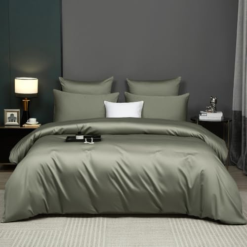 Luowei Mako Satin Bettwäsche 220x240 cm Baumwolle, 3‑teilig, Grün | 100% Baumwolle Seidig Weich Bettwäsche Set, Oeko-TEX Atmungsaktiv und Kühlend mit Reißverschluss und 2 Kissenbezüge 80x80