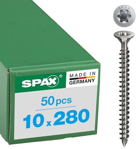 SPAX Holzbauschraube aus Edelstahl rostfrei A4, 10,0 x 280 mm, 50 Stück, T-STAR plus, Senkkopf mit Fräsrippen, Vollgewinde, CUT-Spitze, 1208001002805