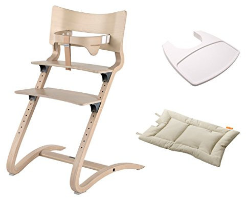 Leander Stuhl white wash - Hochstuhl - Kinderstuhl - Erwachsenenstuhl mit Babybügel + Tablett weiß + Kissen vanille