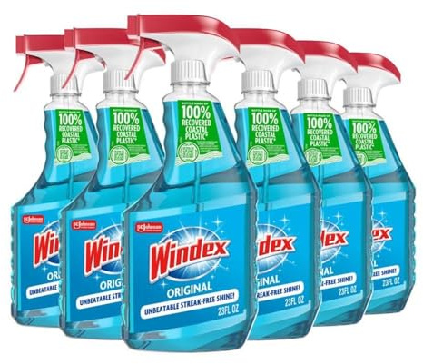 Windex Glass and Window Cleaner Spray Bottle, Bottle Made from 100% Recycled Plastic, Surface Cleaning Spray, Original Blue Scent, 23 Fl Oz (Pack of 6)