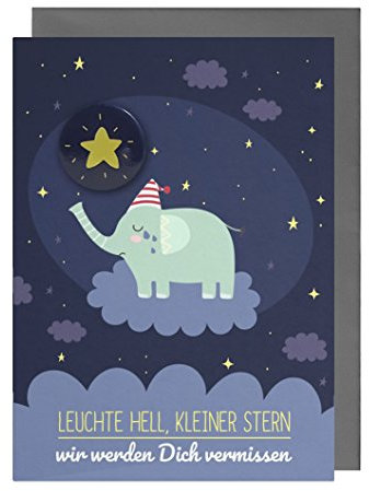 Trauerkarte Kind (Baby, Sternenkind, Fehlgeburt) mit Stern-Button + Umschlag (Motiv: Elefant)
