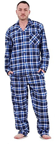 Malay Men’s Yarn Dyed Woven Pyjama Set Blue Check Long Sleeve Button Up Shirt and Trousers Cotton Blend Nightwear Sizes M to 5XL